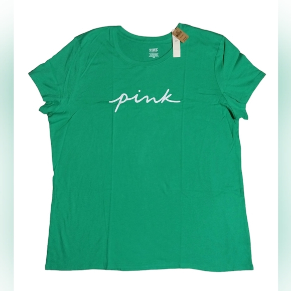 VS PINK Electric Green White Logo Knit Short Sleeve Perfect Everyday Tee XXL NEW - Picture 8 of 12